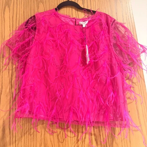 Bright Pink Feather-Trim Short Sleeve Top - Picture 3 of 4